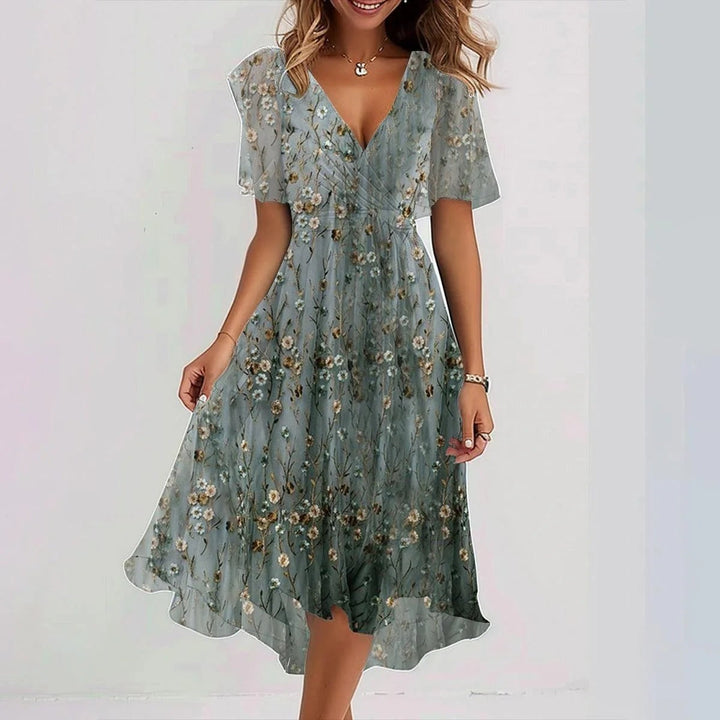 Robe Midi Florale Inès | Col V, Manches Courtes, Taille Marquée 3