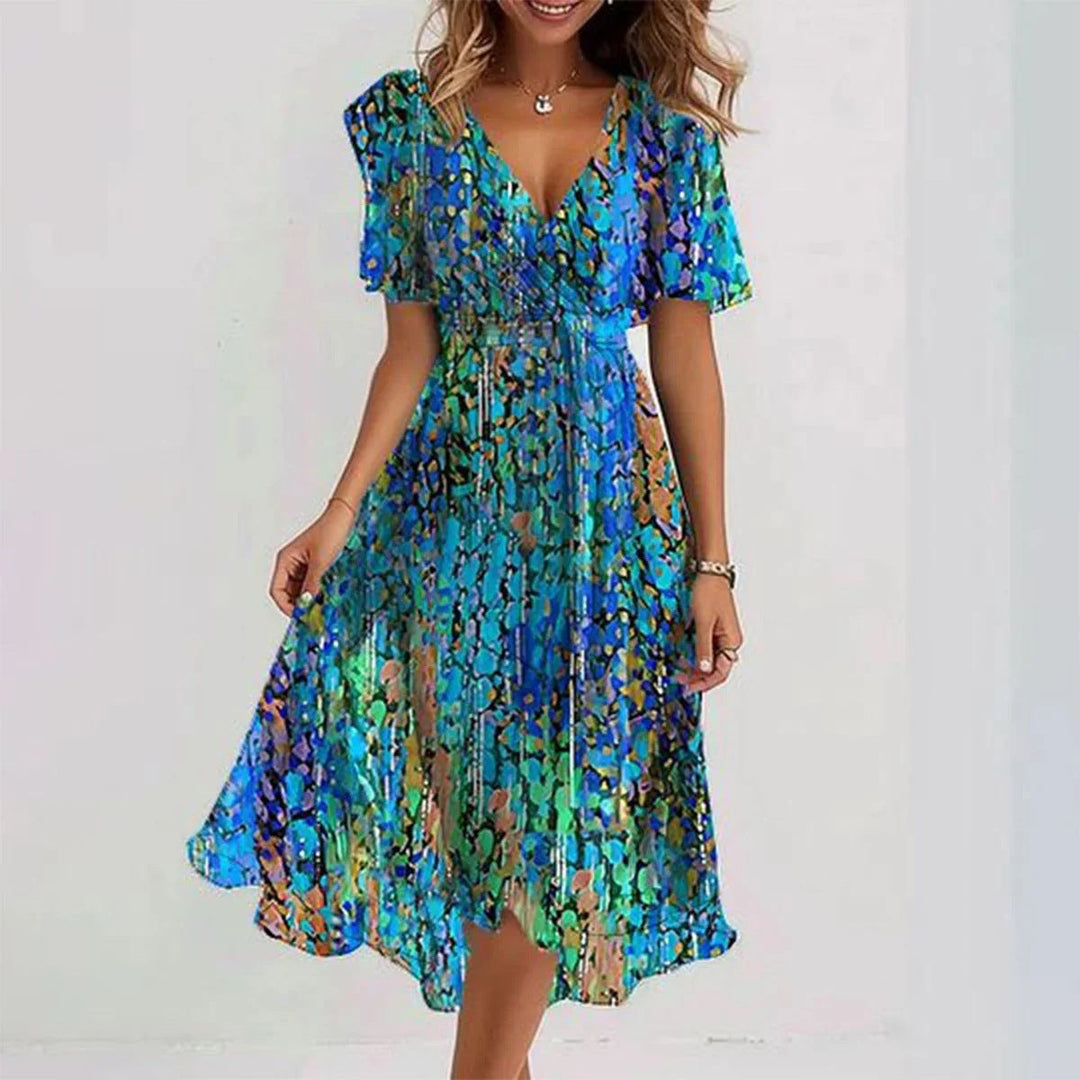 Robe Midi Florale Inès | Col V, Manches Courtes, Taille Marquée 1
