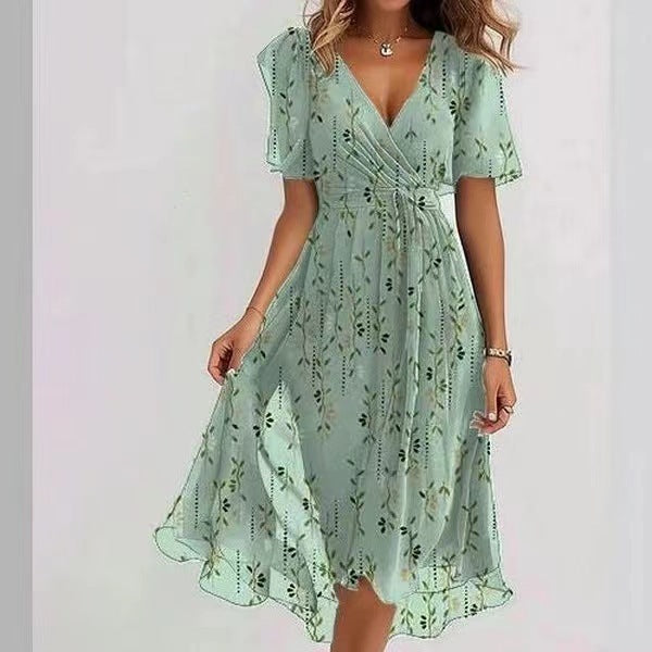Robe Midi Florale Inès | Col V, Manches Courtes, Taille Marquée 5