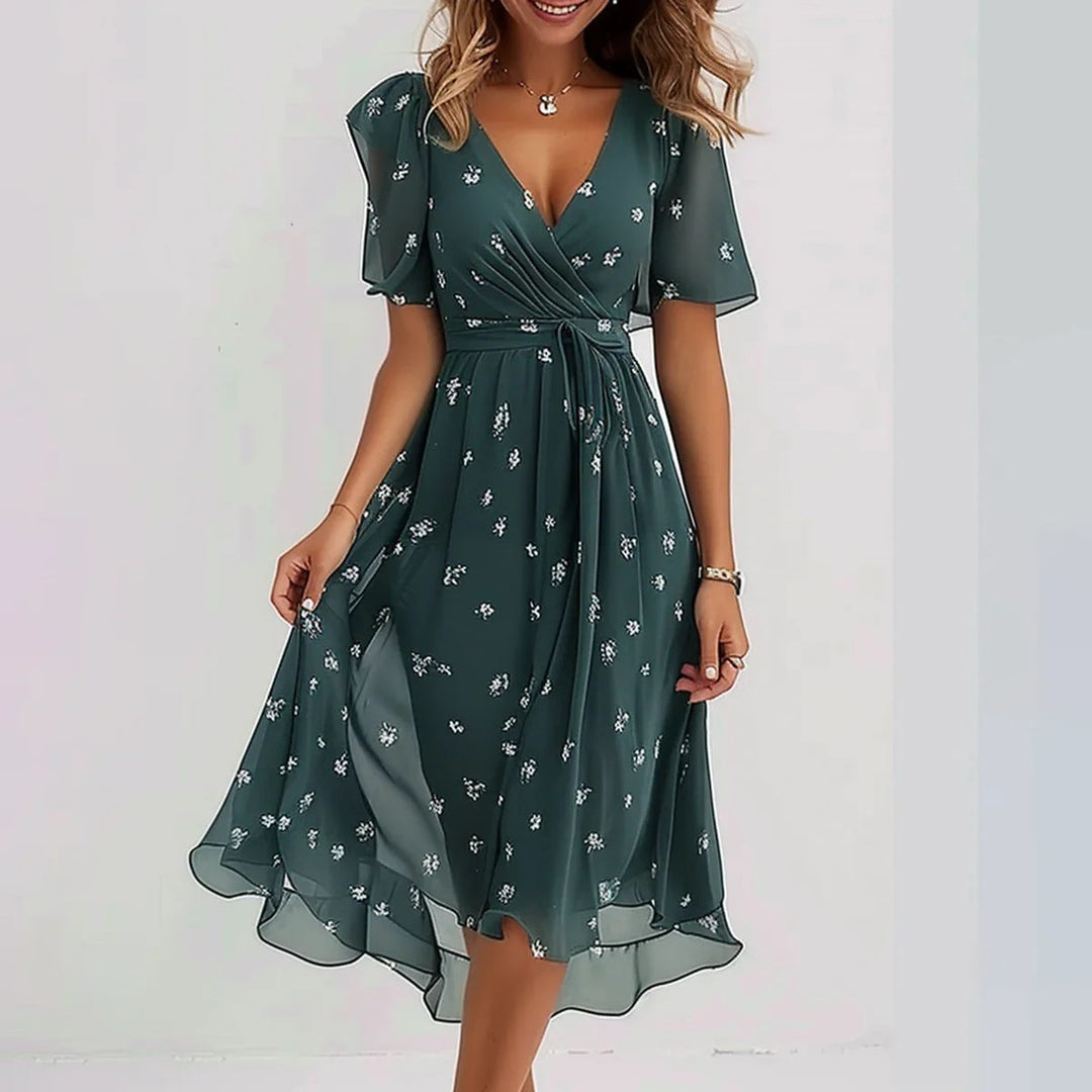 Robe Midi Florale Inès | Col V, Manches Courtes, Taille Marquée 4