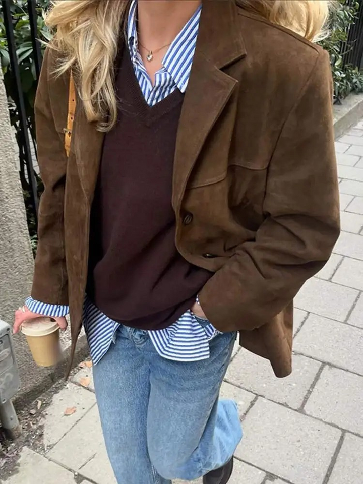 Blazer Oversize Élégant pour Femme | Daim Marron Chic 2
