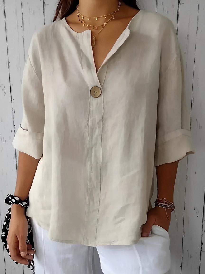 Blouse Blanche Livia | Lin Léger, Col V & Manches 3/4 0