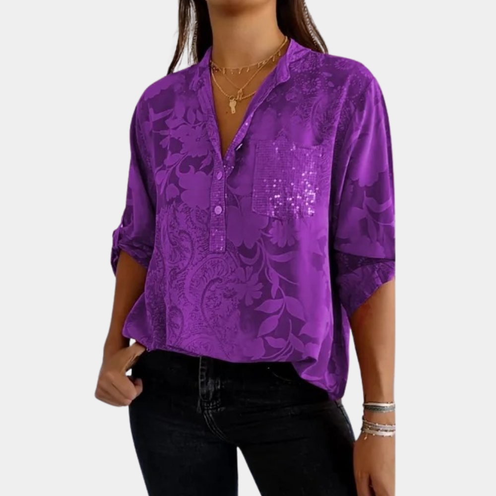 Blouse Esmée | V-Cou Floral, Manches Longues, Tissu Aéré 0