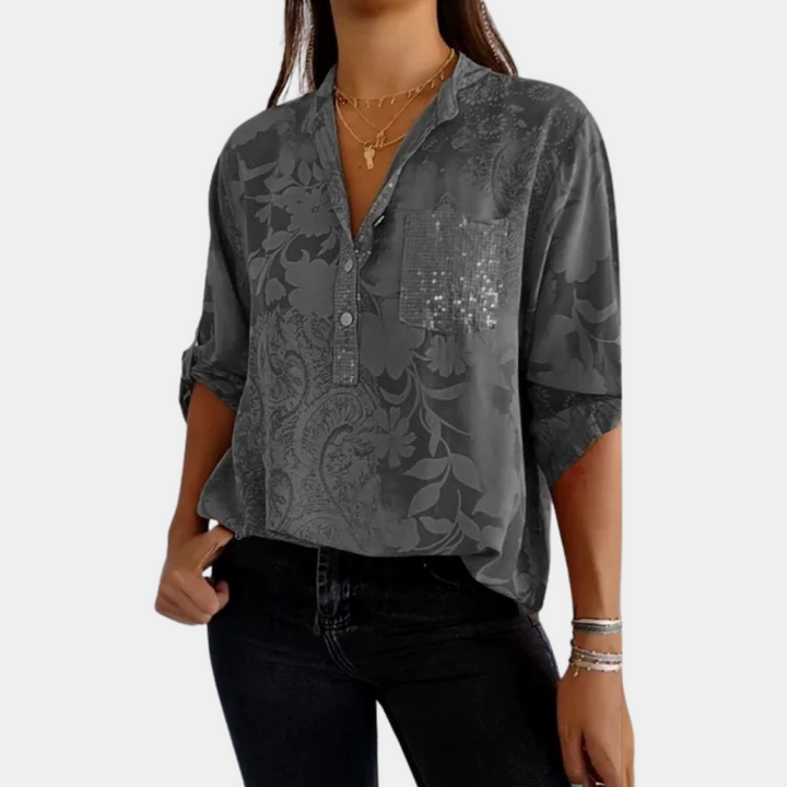 Blouse Esmée | V-Cou Floral, Manches Longues, Tissu Aéré 1