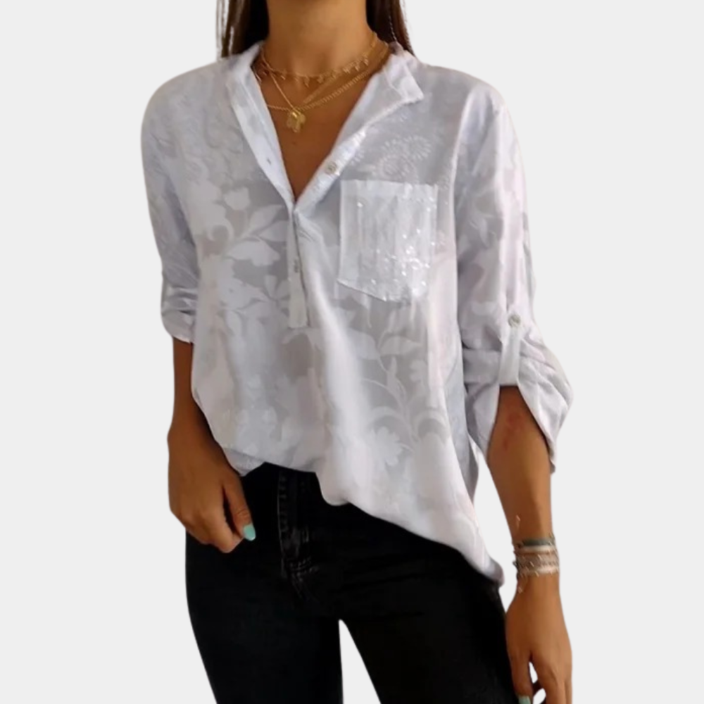 Blouse Esmée | V-Cou Floral, Manches Longues, Tissu Aéré 2