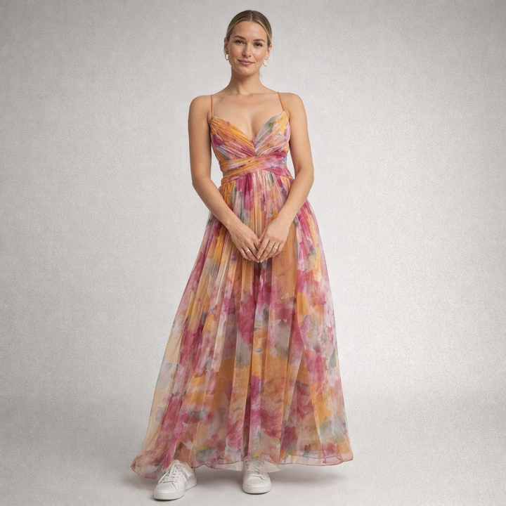Robe Maxi Fleurie Lila | Mesh Léger, Silhouette Fluide