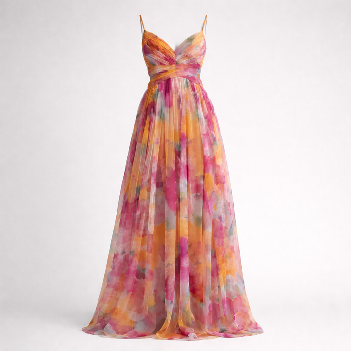 Robe Maxi Fleurie Lila | Mesh Léger, Silhouette Fluide