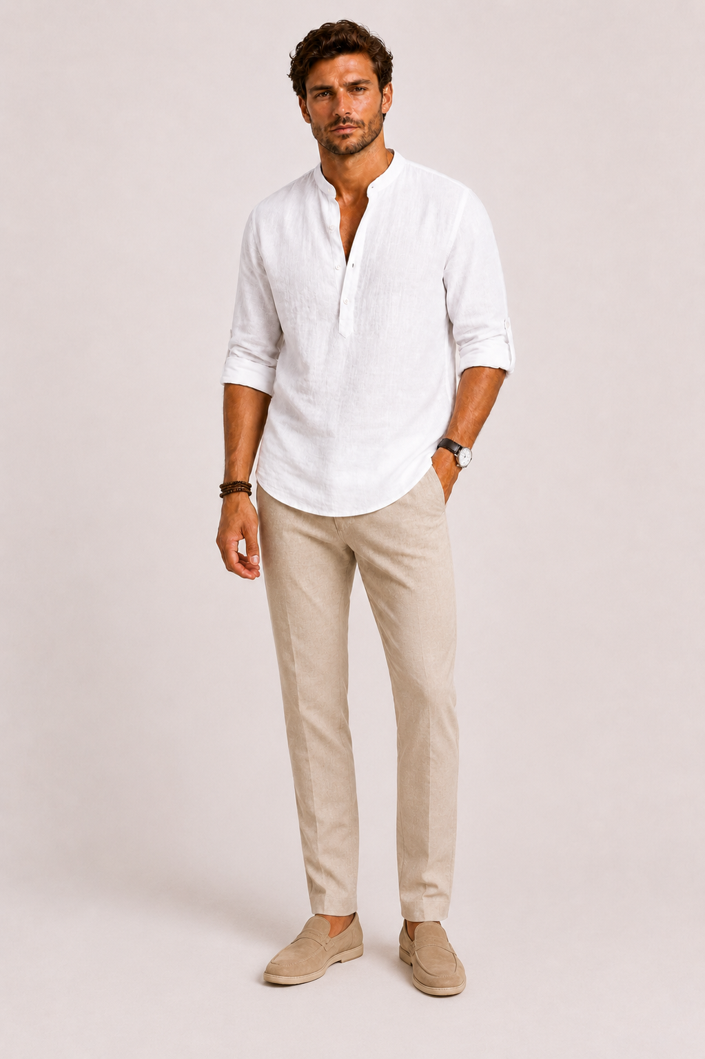 Chemise en Lin Celvon Homme | Col Montant, Manches Longues et Coupe Relâchée 1