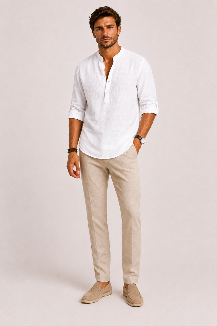Chemise en Lin Celvon Homme | Col Montant, Manches Longues et Coupe Relâchée 1