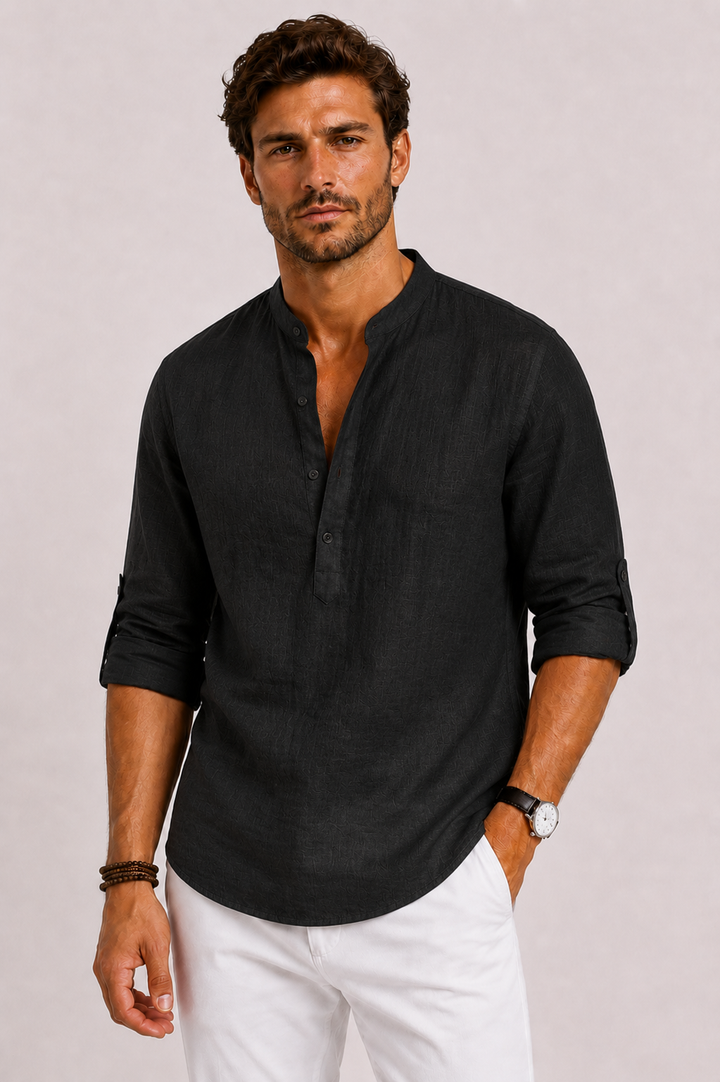 Chemise en Lin Celvon Homme | Col Montant, Manches Longues et Coupe Relâchée 3