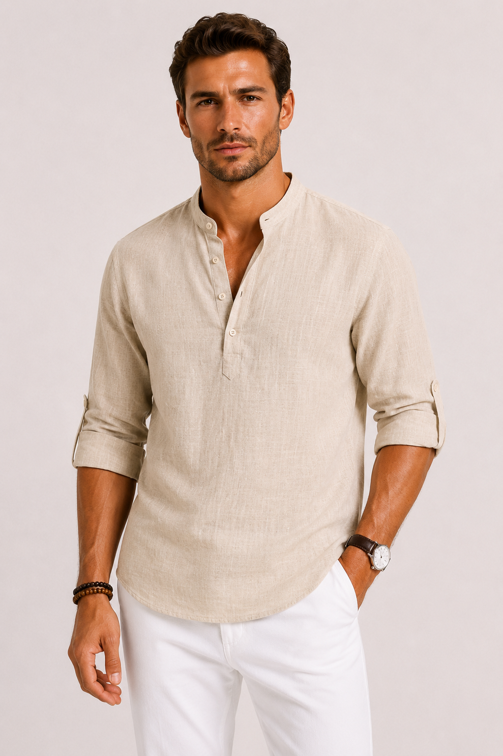 Chemise en Lin Celvon Homme | Col Montant, Manches Longues et Coupe Relâchée 4