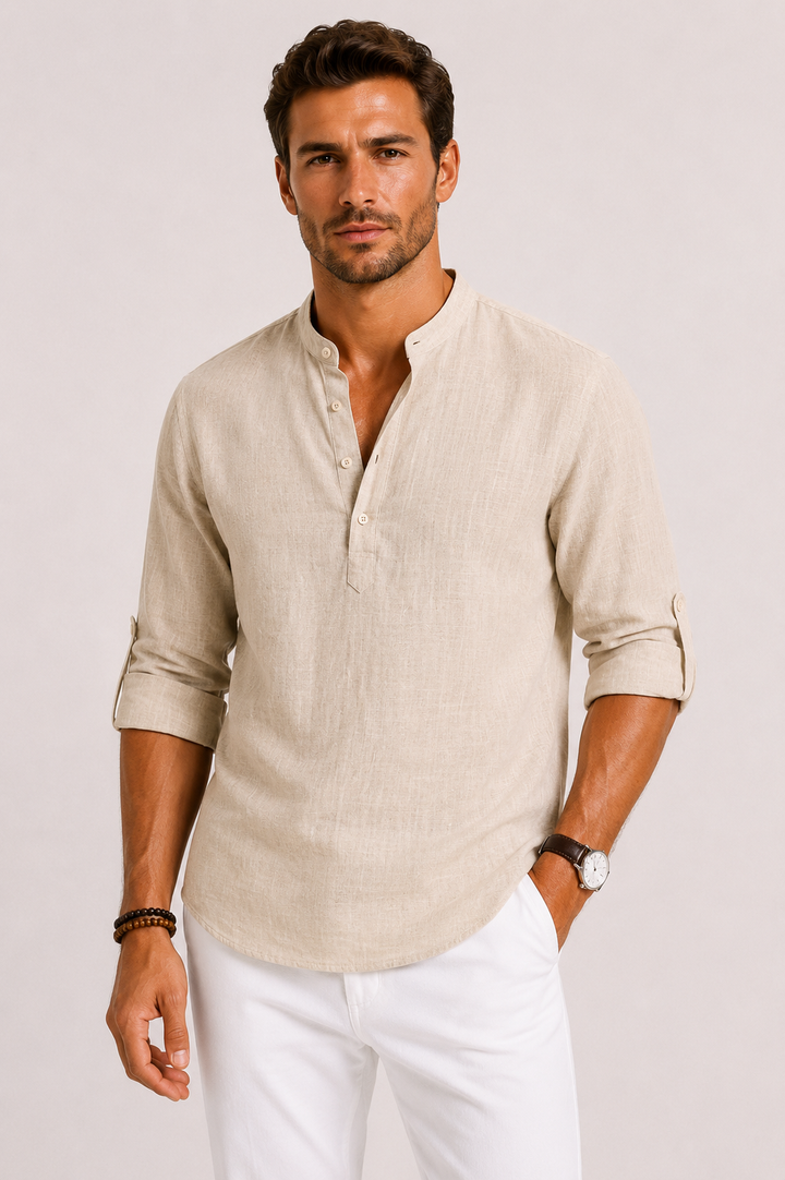 Chemise en Lin Celvon Homme | Col Montant, Manches Longues et Coupe Relâchée 4