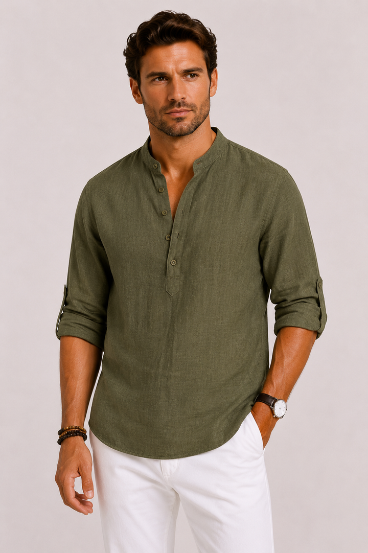 Chemise en Lin Celvon Homme | Col Montant, Manches Longues et Coupe Relâchée 5