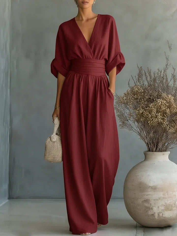Combinaison Femme Élégante Violette | Décolleté en V, Jambes Larges, Style Chic 10