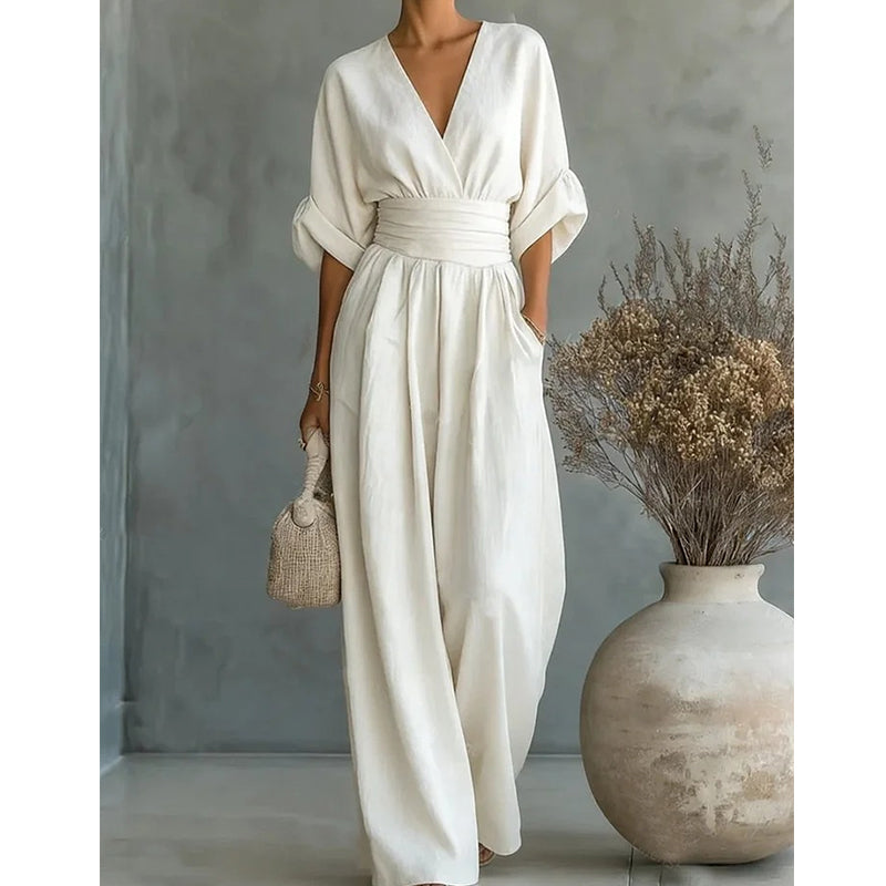 Combinaison Femme Élégante Violette | Décolleté en V, Jambes Larges, Style Chic 4