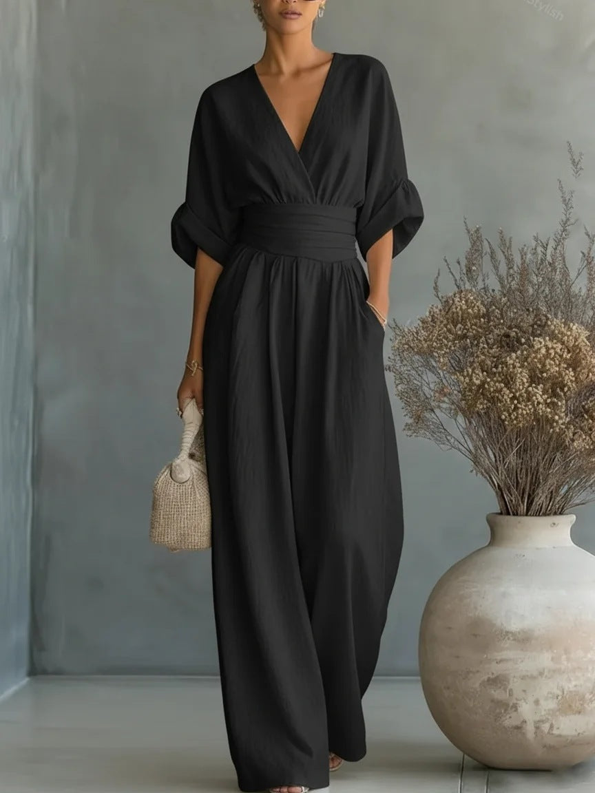 Combinaison Femme Élégante Violette | Décolleté en V, Jambes Larges, Style Chic 9