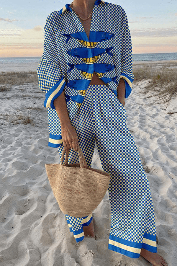 Ensemble Elena | Haut Chemise Imprimé Poissons & Pantalon Ample Casual 0