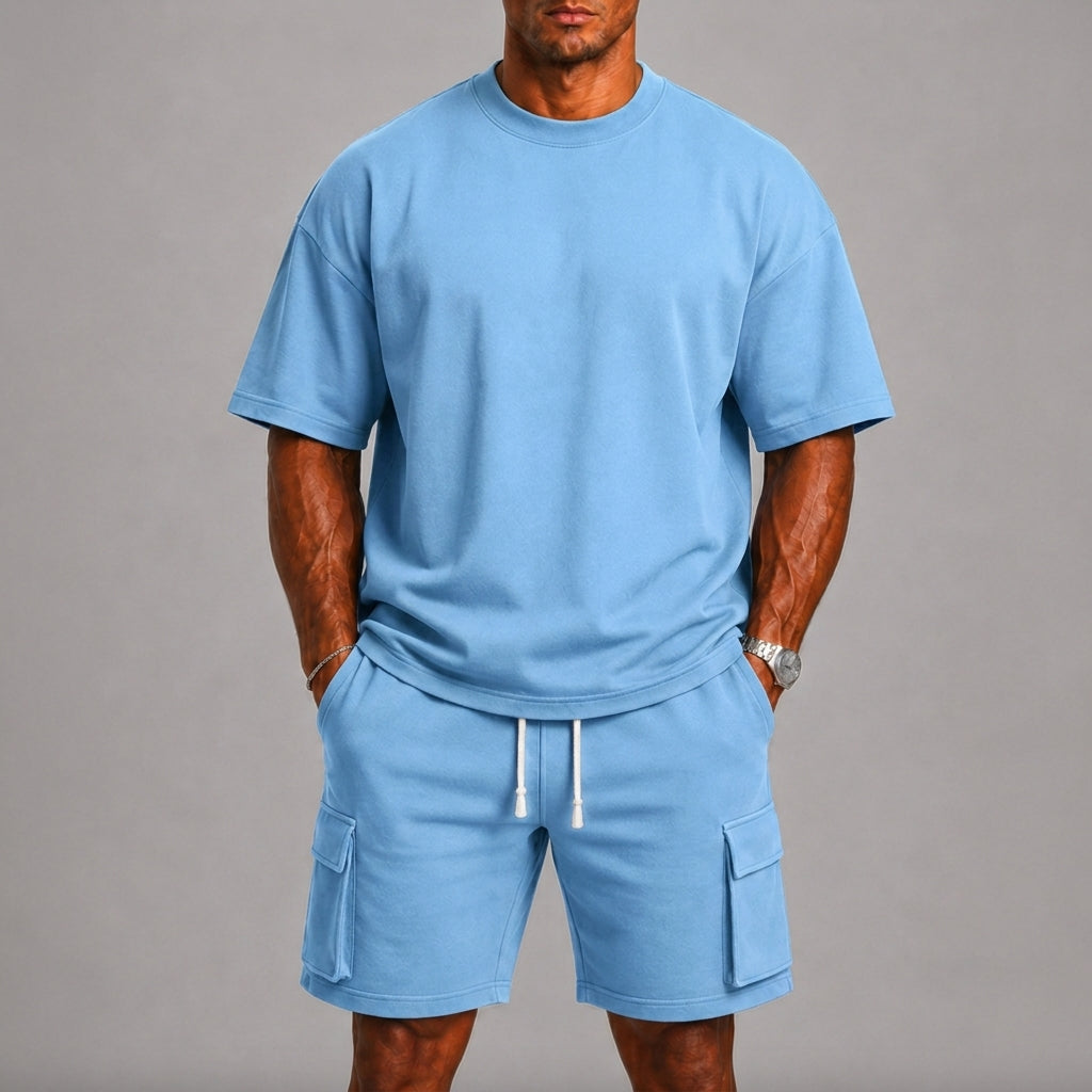 Ensemble Été Homme Celvoir | T-shirt Col Rond & Short Cargo Léger, Coupe Décontractée 0