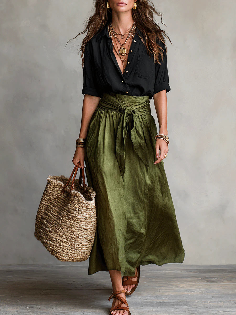 Ensemble Femme Éléna | T-shirt Fluide Noir et Jupe Midi Taille Haute Olive 0