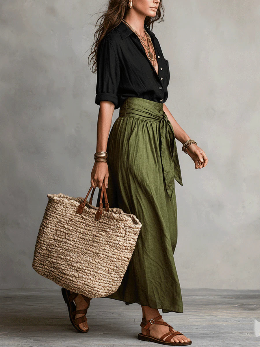 Ensemble Femme Éléna | T-shirt Fluide Noir et Jupe Midi Taille Haute Olive 1