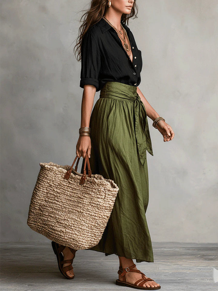 Ensemble Femme Éléna | T-shirt Fluide Noir et Jupe Midi Taille Haute Olive 1