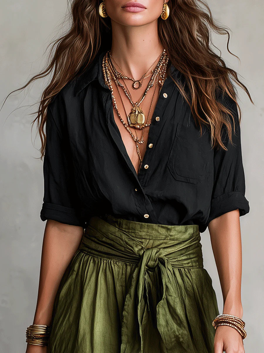 Ensemble Femme Éléna | T-shirt Fluide Noir et Jupe Midi Taille Haute Olive 3