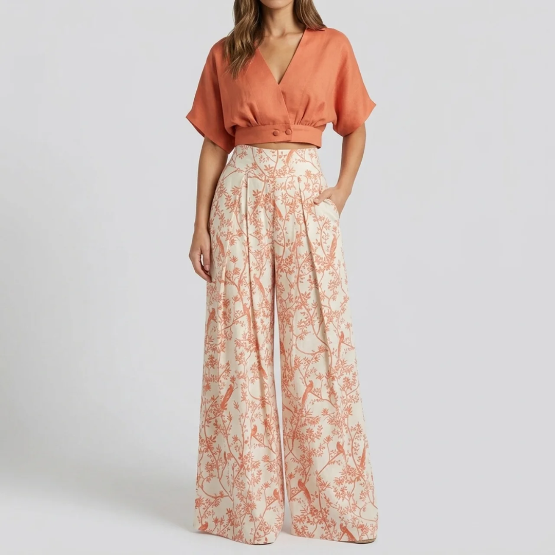 Ensemble Fiamma Femme | Top croisé manches courtes & pantalon large floral été 0