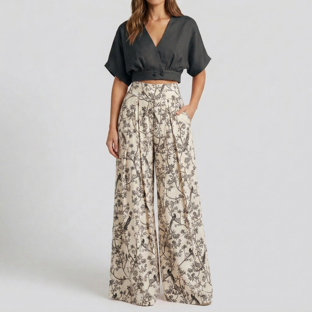 Ensemble Fiamma Femme | Top croisé manches courtes & pantalon large floral été 3