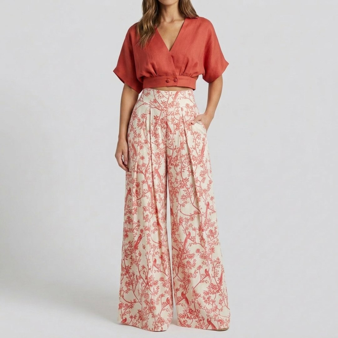 Ensemble Fiamma Femme | Top croisé manches courtes & pantalon large floral été 6