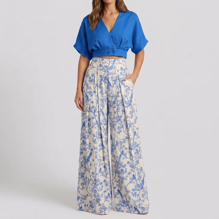Ensemble Fiamma Femme | Top croisé manches courtes & pantalon large floral été 9
