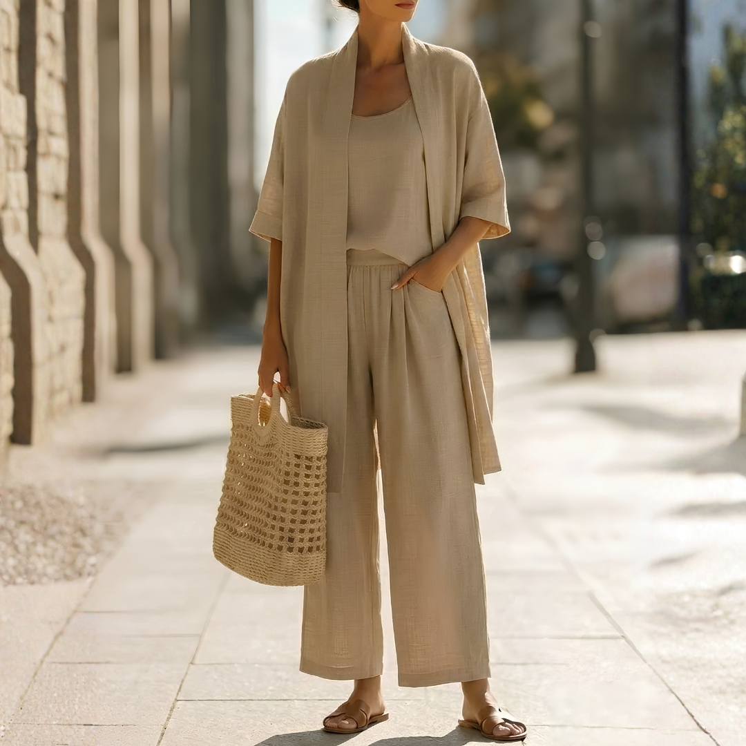 Ensemble Laila Femme 3 pièces | Pantalon large, kimono fluide & débardeur été 0