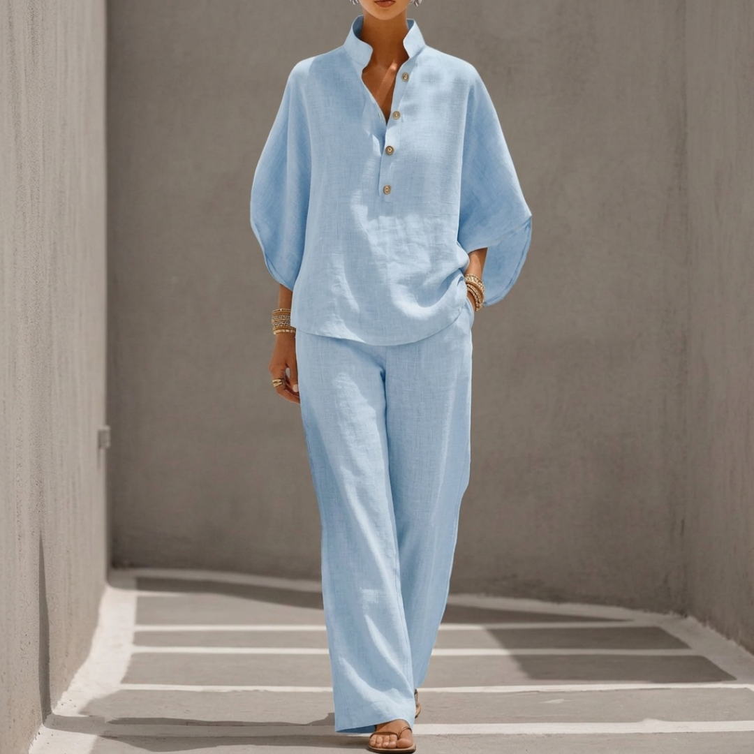 Ensemble Mariel Femme | Blouse col montant & pantalon large en lin-coton 0