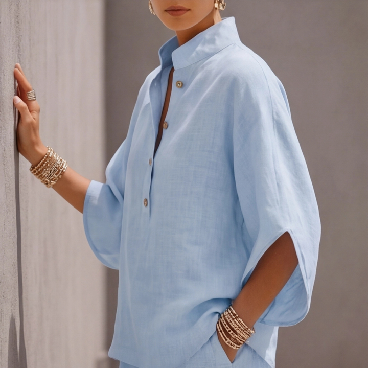 Ensemble Mariel Femme | Blouse col montant & pantalon large en lin-coton 1