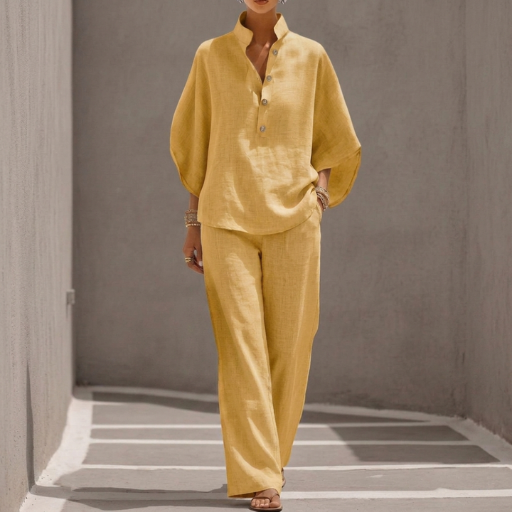 Ensemble Mariel Femme | Blouse col montant & pantalon large en lin-coton 6