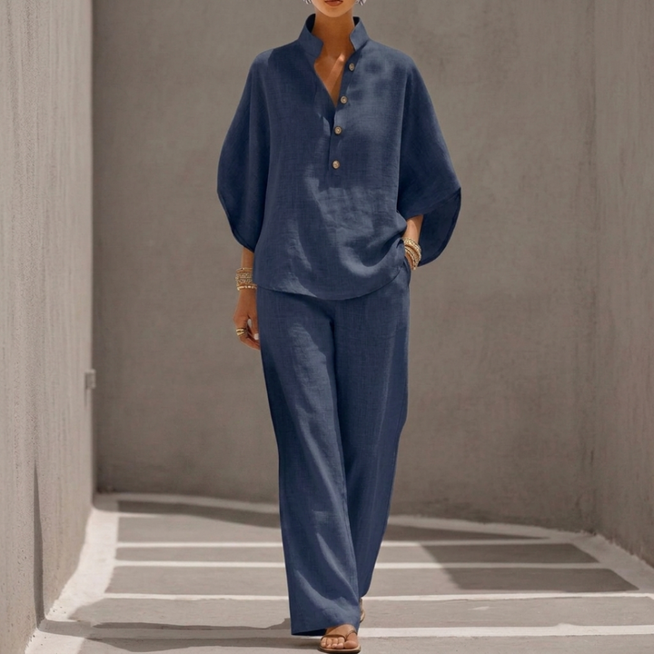 Ensemble Mariel Femme | Blouse col montant & pantalon large en lin-coton 8