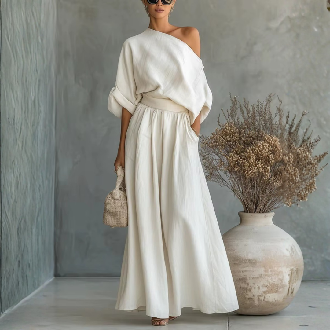 Ensemble Sabine | Deux pièces femme, épaule dénudée & pantalon large fluide 0