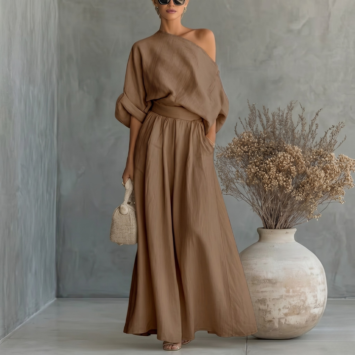 Ensemble Sabine | Deux pièces femme, épaule dénudée & pantalon large fluide 11