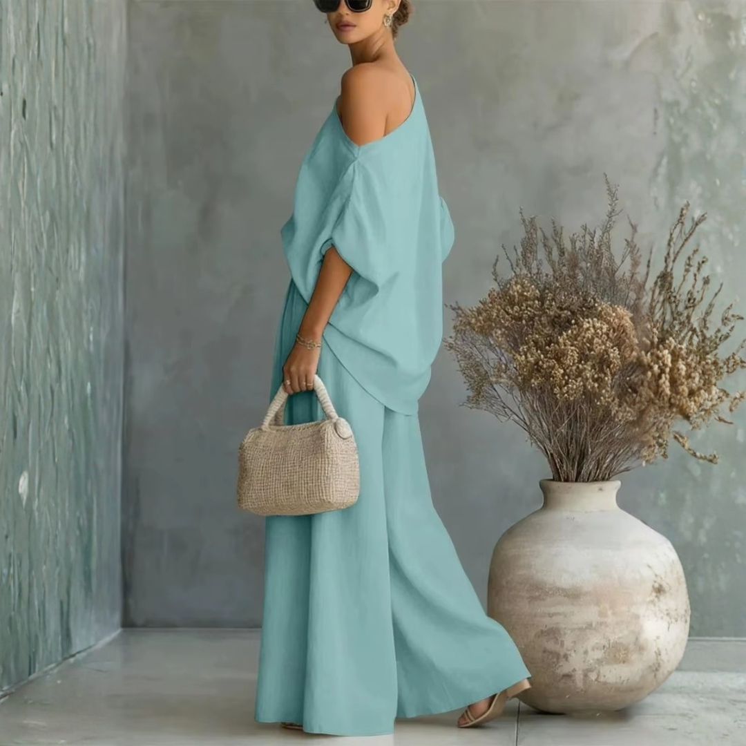 Ensemble Sabine | Deux pièces femme, épaule dénudée & pantalon large fluide 7