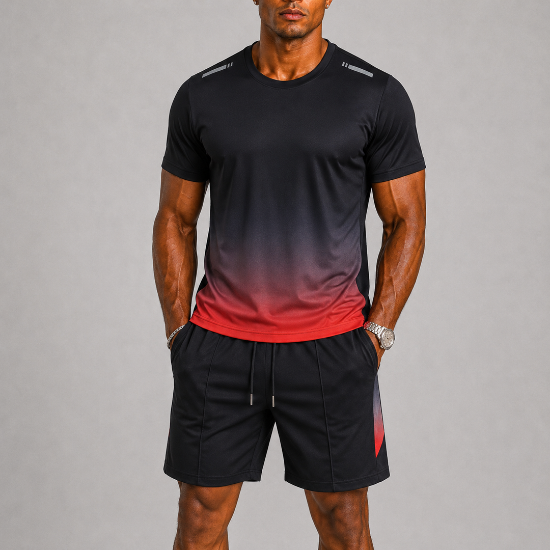 Ensemble Sportif Celvoir | Tissu Respirant & Séchage Rapide, Motif Dégradé Noir et Rouge 1