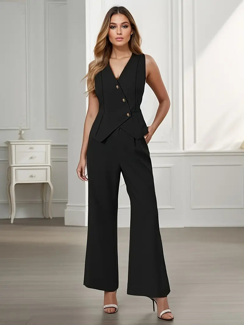 Ensemble Tailleur Femme Adeline | Gilet Sans Manches et Pantalon Large Élégant 2