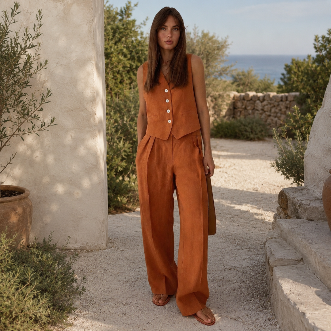 Ensemble Tailleur Femme Antonia | Gilet Court Boutonné & Pantalon Large Taille Haute 0