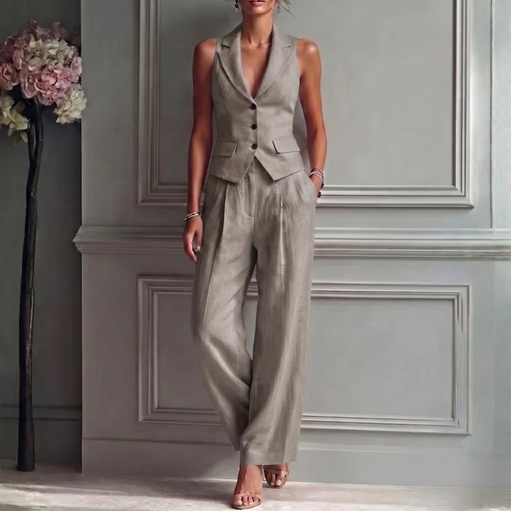 Ensemble Tailleur Femme Manon | Gilet Dos-Nu Col V & Pantalon Large Taille Haute 5