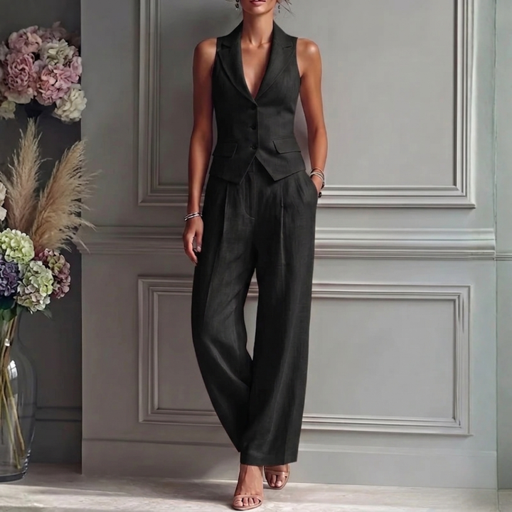 Ensemble Tailleur Femme Manon | Gilet Dos-Nu Col V & Pantalon Large Taille Haute 6
