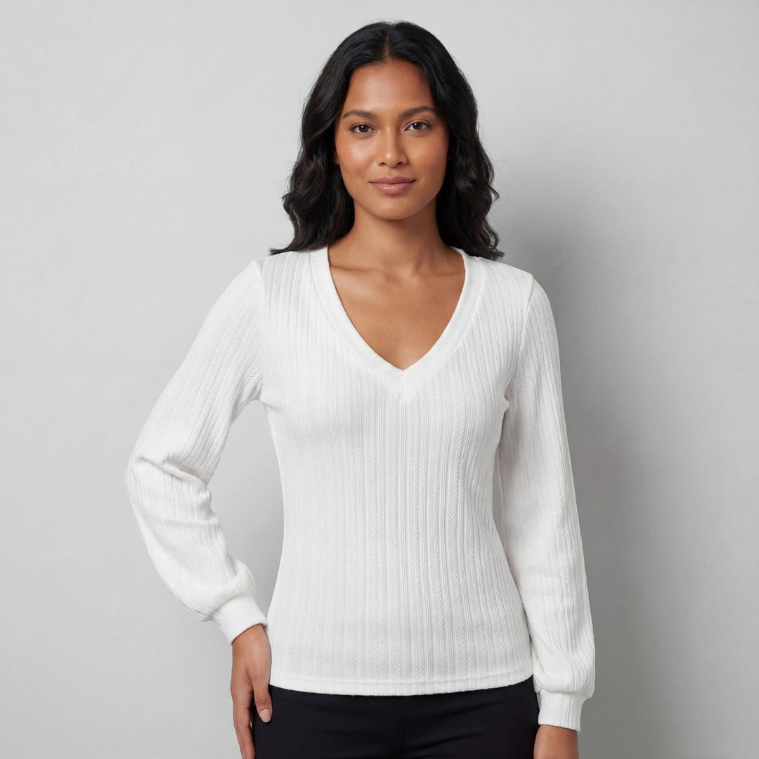Haut Femme Riche | Maille Douce, Col V, Manches Longues - Haut Blanc Femme 0