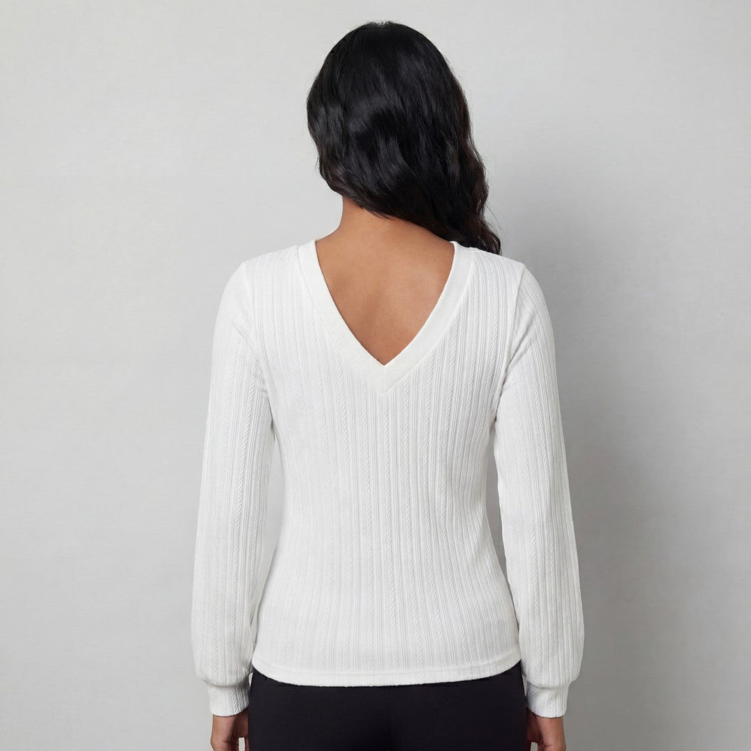 Haut Femme Riche | Maille Douce, Col V, Manches Longues - Haut Blanc Femme 5