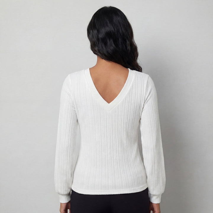 Haut Femme Riche | Maille Douce, Col V, Manches Longues - Haut Blanc Femme 5
