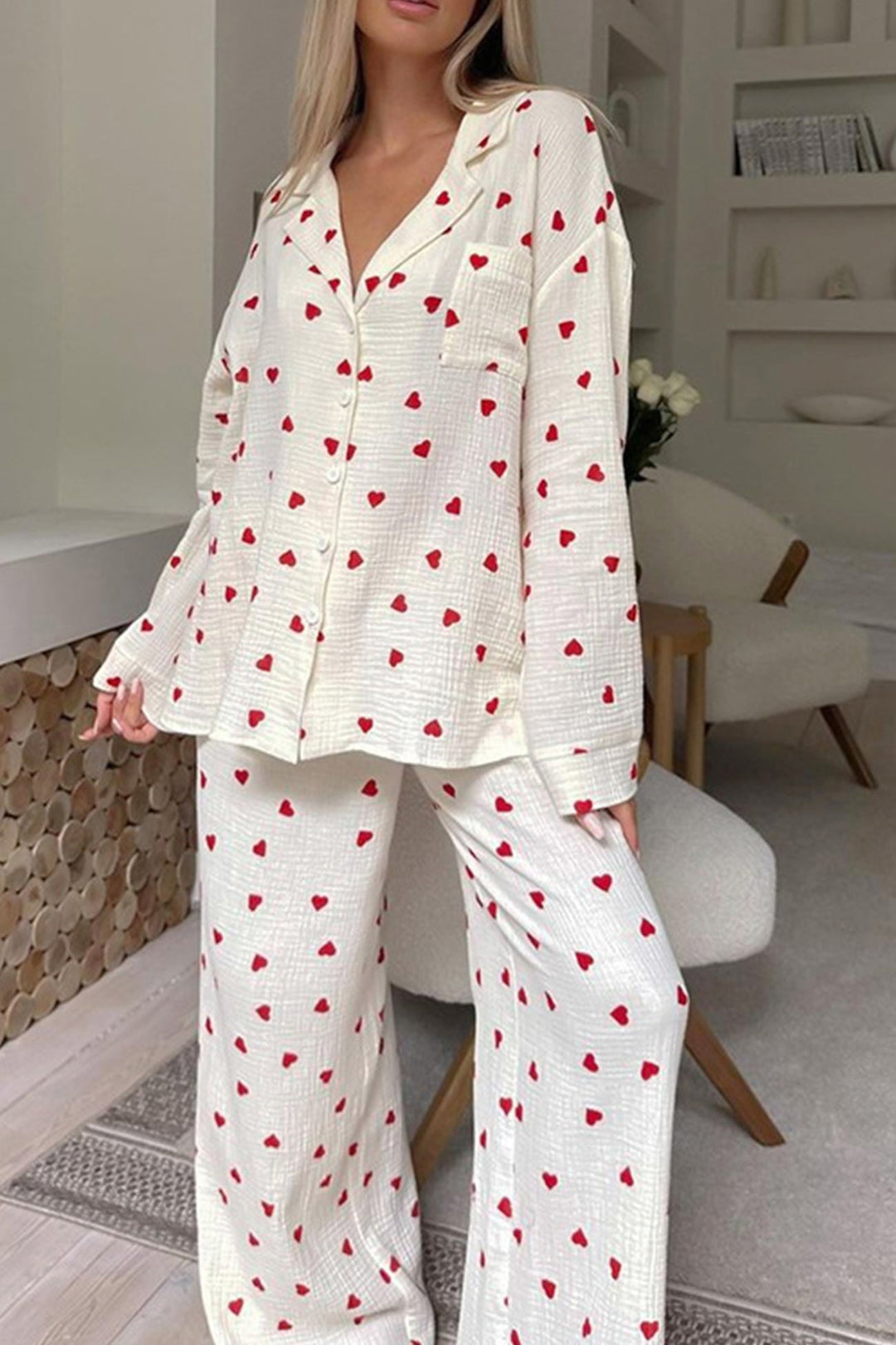 Ensemble Pyjama Emma Femme | Motif Cœur, Chemise Boutonnée, Coupe Ample 1