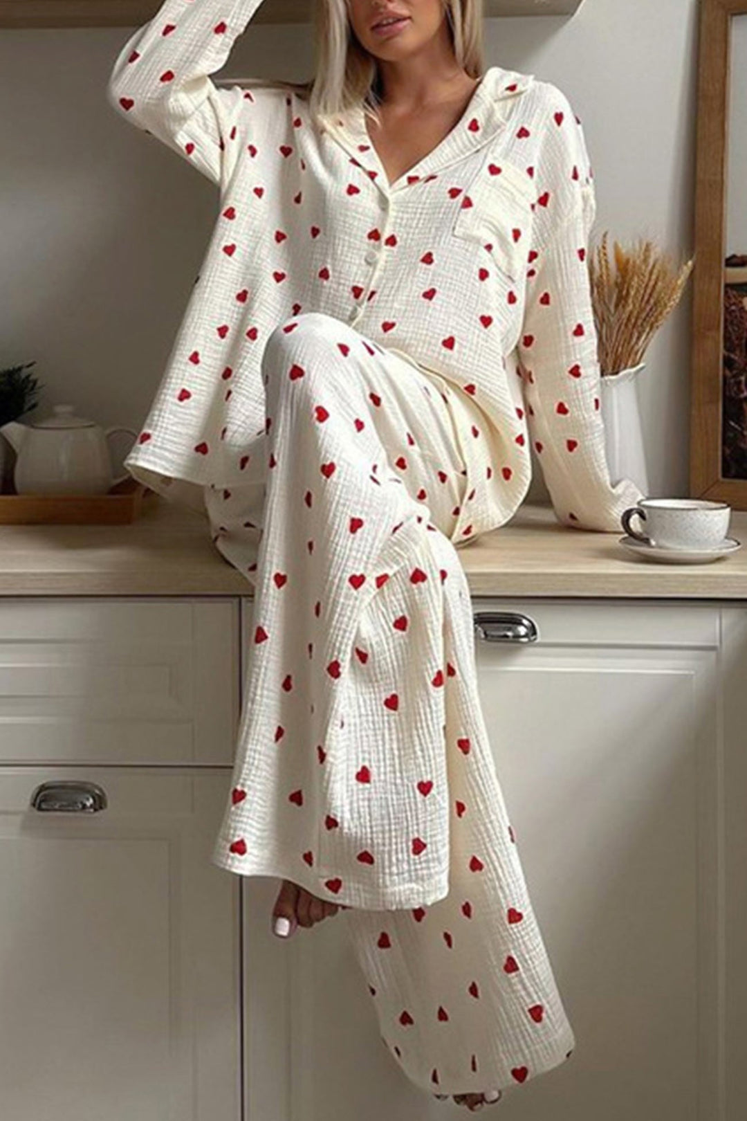 Ensemble Pyjama Emma Femme | Motif Cœur, Chemise Boutonnée, Coupe Ample 4