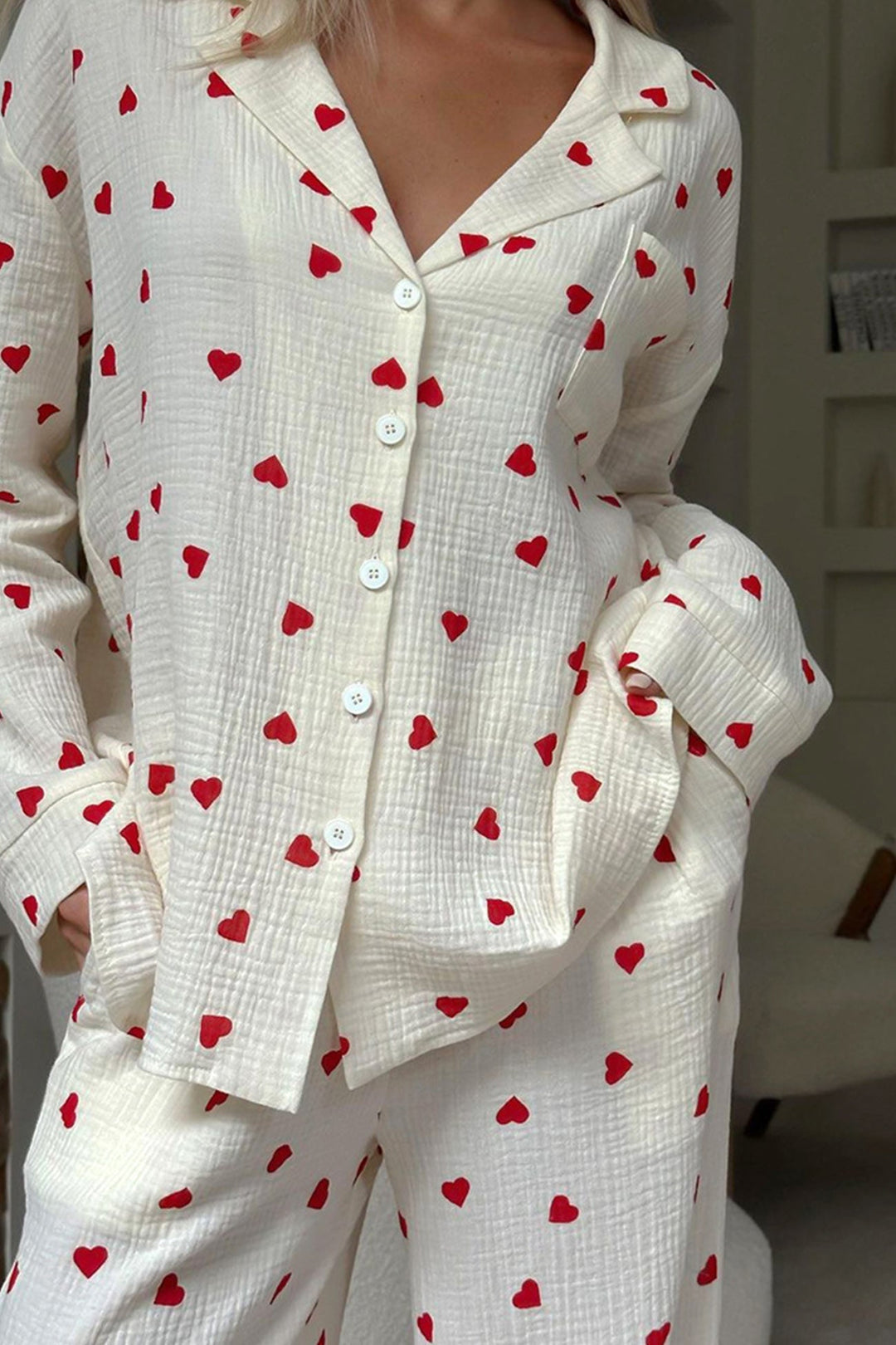 Ensemble Pyjama Emma Femme | Motif Cœur, Chemise Boutonnée, Coupe Ample 5