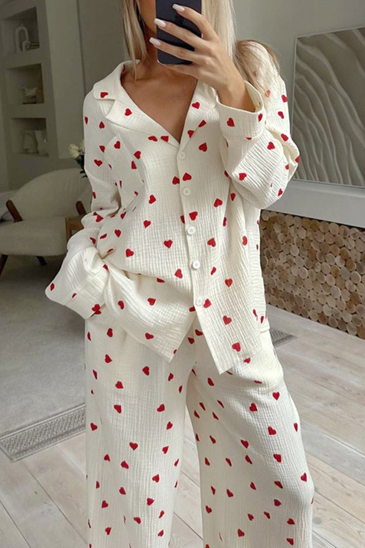 Ensemble Pyjama Emma Femme | Motif Cœur, Chemise Boutonnée, Coupe Ample 0